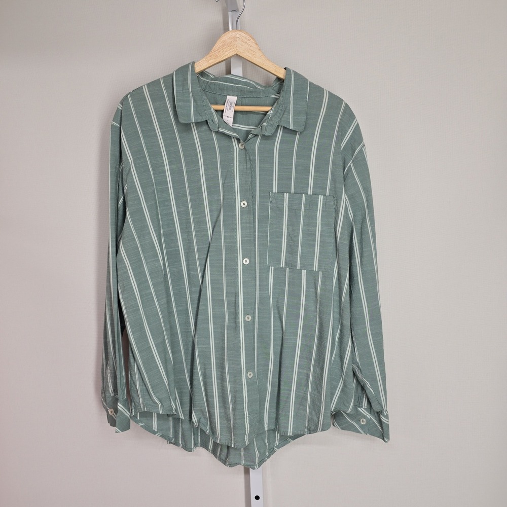Auden Womens Large Sage Green Striped Button Down Pajama Top Long Sleeve L